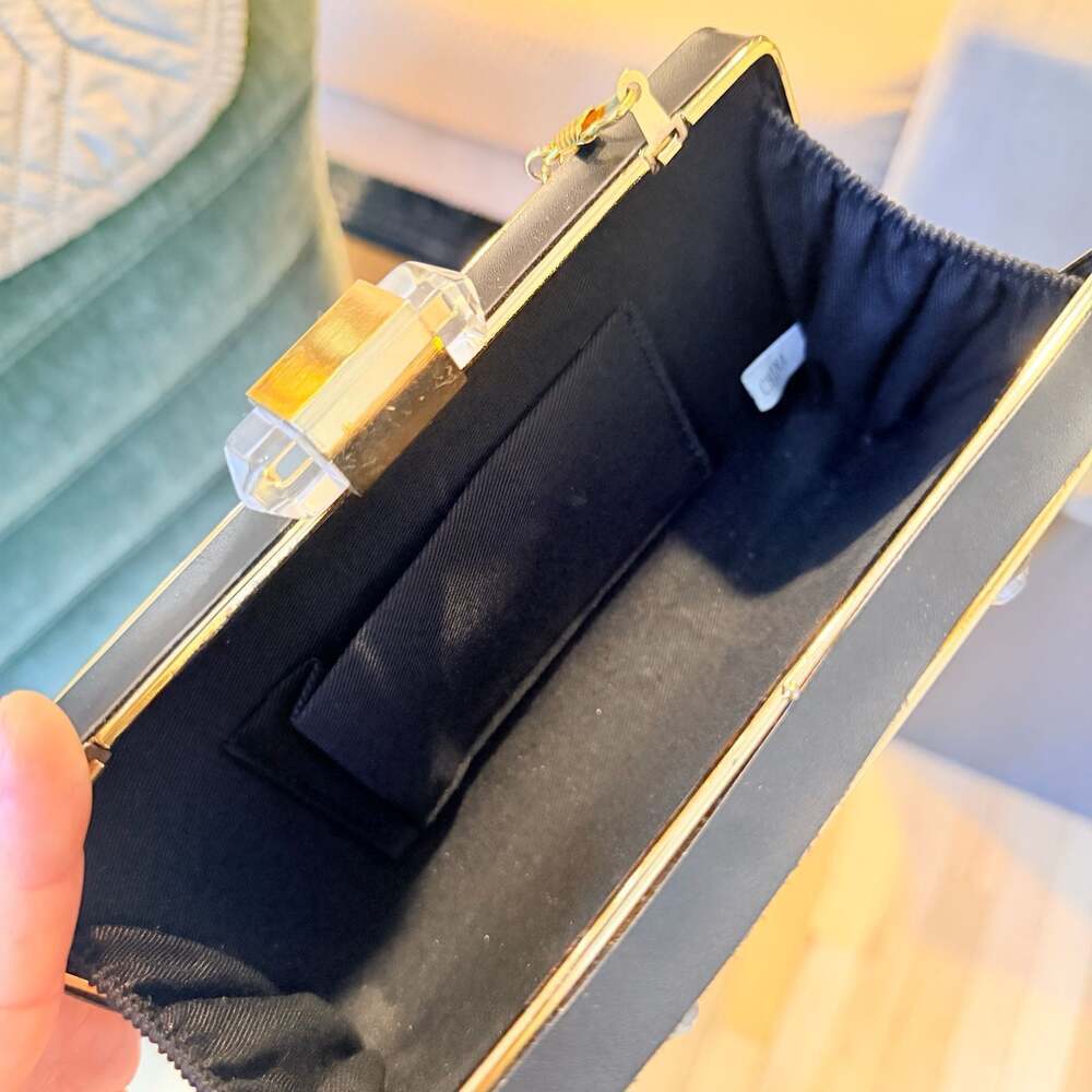 isti Whitiker Black Glitter Polka Dot Box Clutch with Gold Frame and Crystal Cla - Picture 5 of 6